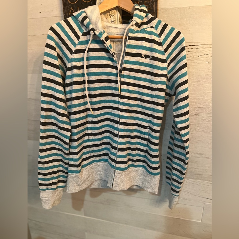 Oakley Teal and Grey Striped Zip-Up Hoodie